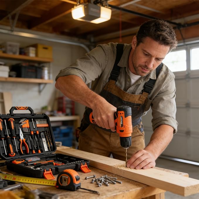 CARTMAN 150PCS 8V Cordless Drill Hand Tool Set, Orange Household Repair Kit | All-Inclusive Tool Assortment With 8V Drill, Great For Home Upkeep, DIY Crafting And Daily Household Fixes