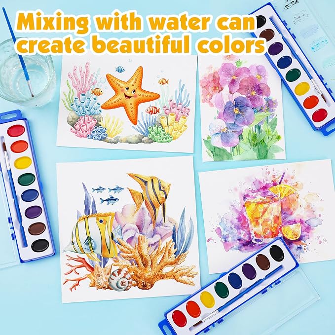 40 Pack Watercolor Paint Set Bulk,8 Colors Water Color Paint Set for kids with Paintbrush.Washable Watercolors Paint for Parties,Birthday Party Favor,Valentines for kids,Art Supplies and Classroom