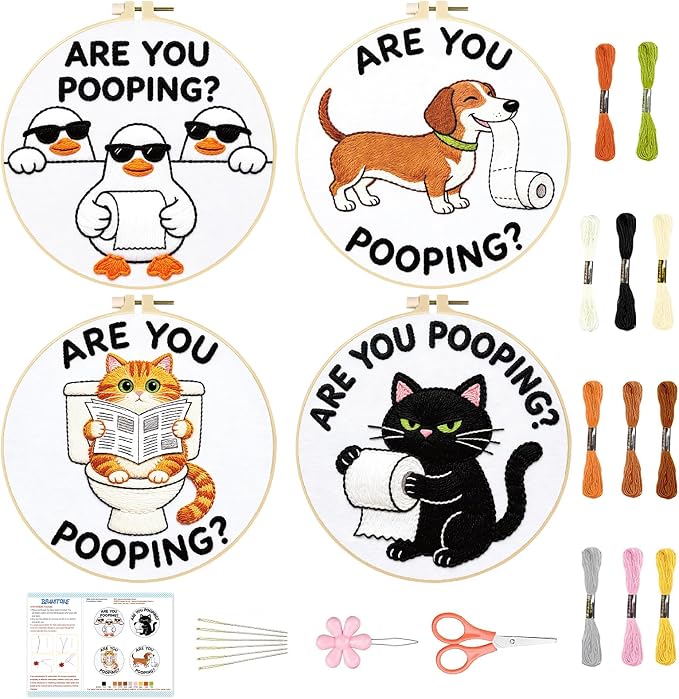 BEUNITONE 4 Pack Beginner Embroidery Kit for Adults, Funny Animal Pre-Stamped Pattern Needlepoint Kits with Hoop, Tools & Instruction, 7.9"x7.9" Hand Embroidery Kits for Fabric and Home Decor