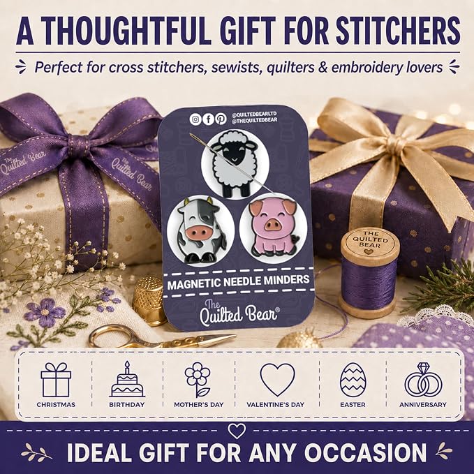 The Quilted Bear Magnetic Needle Minders, Set of 3 Farm Animals | Sheep, Cow & Pig Strong Magnet Needle Keepers for Embroidery & Cross Stitch Needles, Secure Holder for Sewing Needles & Pins
