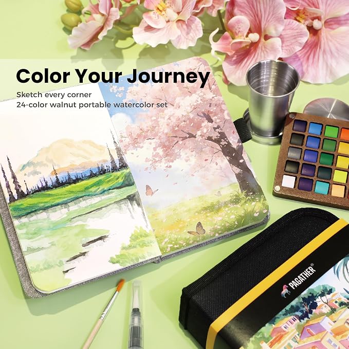 Pagather Travel Watercolor Travel Set, 24 Colors Mini Portable Paint Kit | Includes Water Brush and Compact Design, Perfect for Beginners, Hobbyists and Artists to Create Beautiful Paintings Anywhere