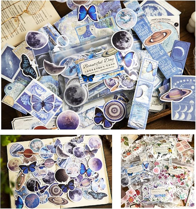 Esweny 200PCS Vintage Scrapbooking Supplies Pack, Aesthetic Scrapbook Sticker Paper Art Journaling Kit for Junk Journals,Planner,Cottagecore Decor Gifts (Blue Series)