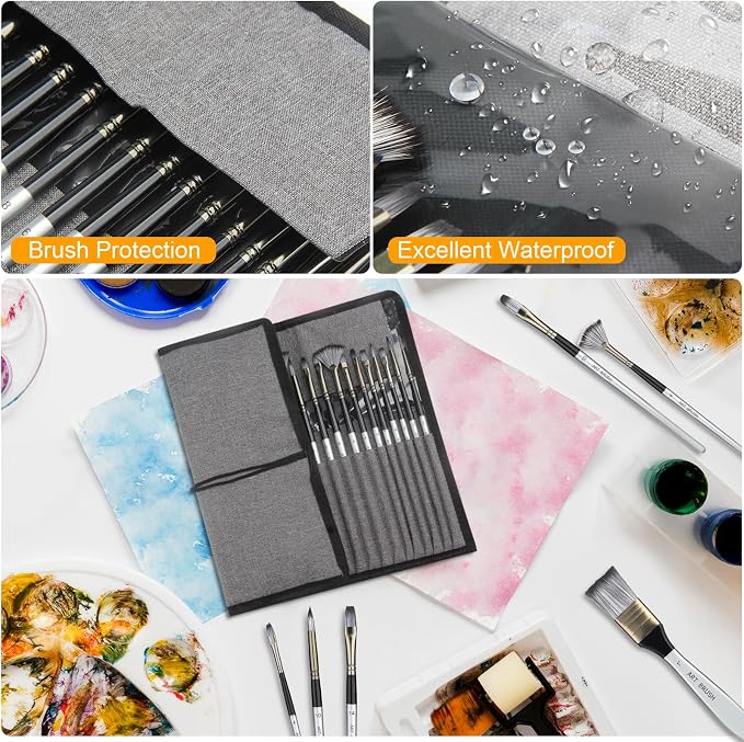 Paint Brushes Set, 24 Pcs Synthetic Acrylic Paint Brushes with Cloth Pouch and Palette Knife, Professional Artist Brushes for Acrylic Painting, Oil, Watercolor, Gouache, Face Painting (Grey)