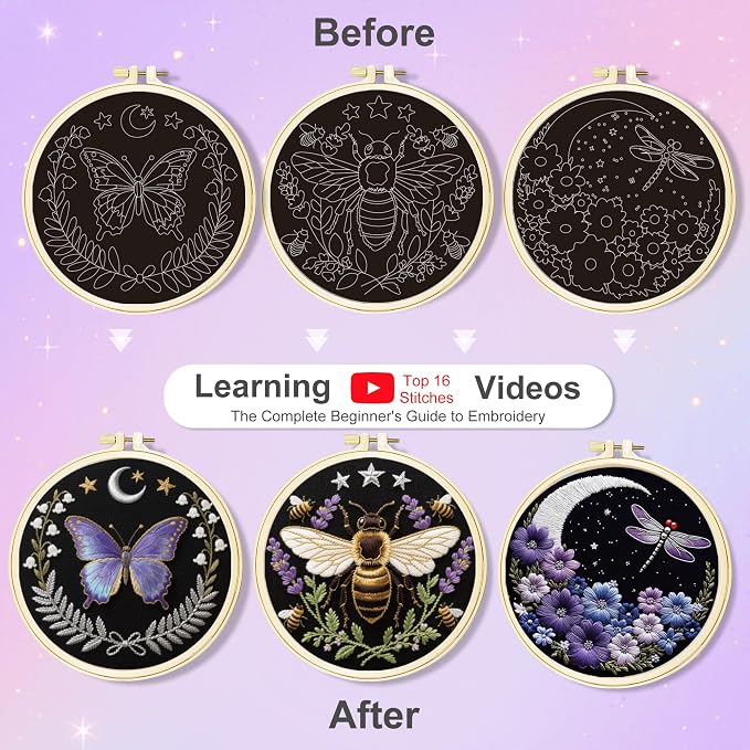 Huacan Embroidery Kit for Adults Beginners with 3 Hoops & Gift Box | DIY Pre-printed Butterfly Patterns, 7.9×7.9 inch Fabric, Complete Embroidery Supplies with Gift Box for Beginners