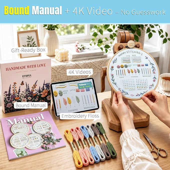 ETSPIL Beginner Embroidery Kit, 4K Video, 4 Floral Patterns, Gift Box | 4 Pre-Printed Wreath Designs. Embroidery Stitch Book Kit, Step-by-Step. 20% Extra Floss. Easy to Start, Relaxing Craft