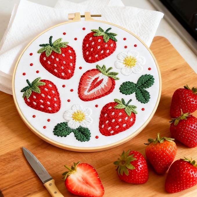 BEUNITONE 4 Set Strawberry Embroidery Kit for Adult Beginners 7.9"x7.9" DIY Stamped Needlepoint Kits with Pre-Printed Designs, Complete Handmade Embroidery Craft for Relaxing Hobby and Home Decor