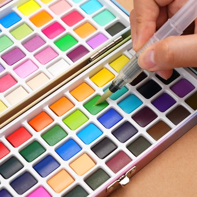 100 Colors Watercolor Paint Set - Vibrant Pigments in Portable Metal Case with 3 Water Brushes, Non-Toxic Travel-Friendly Painting Kit for Professional Artists/Students/Beginners