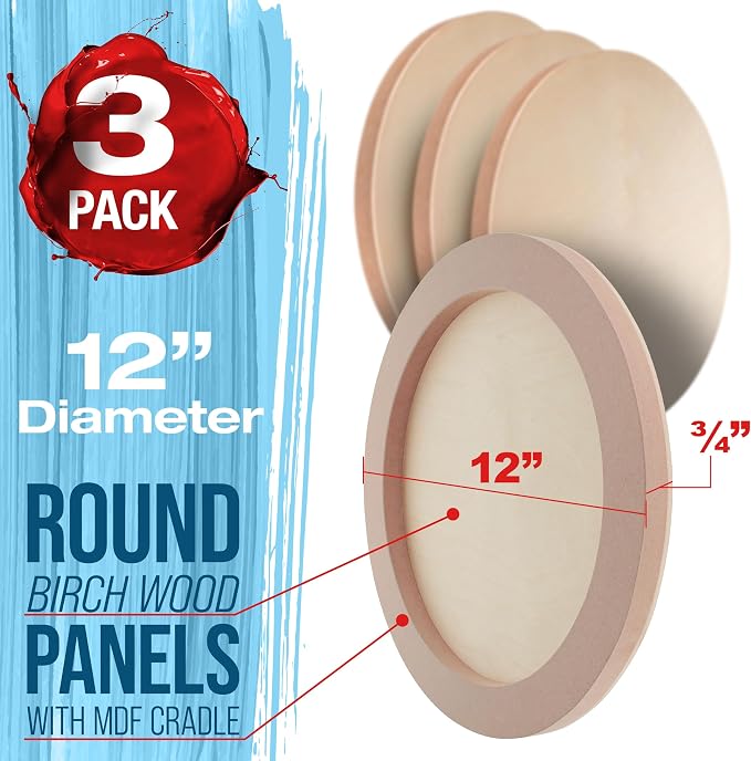 U.S. Art Supply 12" Unfinished Round Birch Wood Panels for Painting