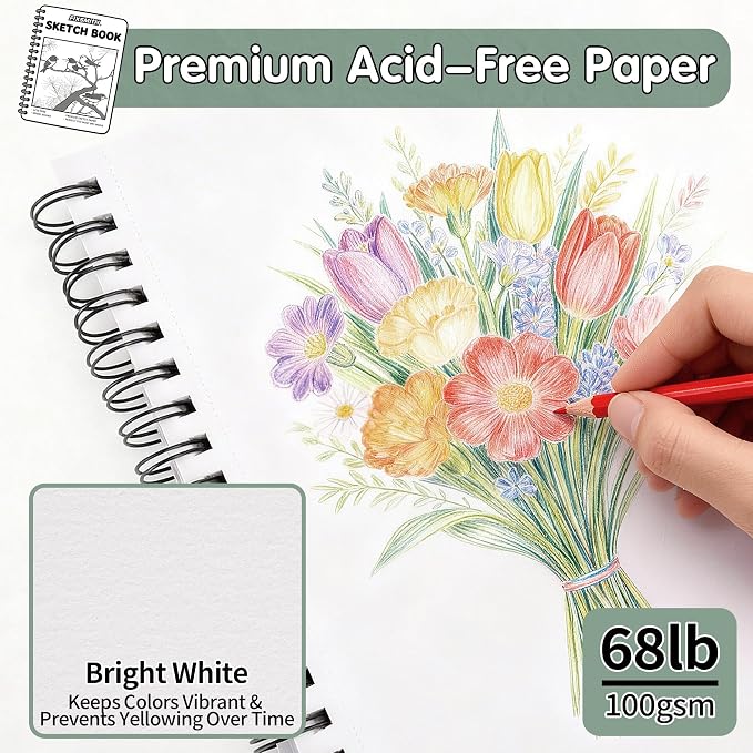 FIXSMITH 9"X12" Sketch Book, 100 Sheets, 68 lb/100gsm Sketchbook, Green | Acid Free Drawing Paper | Spiral Bound Artist Sketch Pad | for Kids, Beginners, Artists & Professionals | Bright White