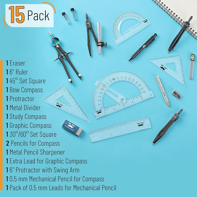 Mr. Pen- Geometry Set, 15 pcs, Black, 6 Inch Swing Arm Protractor, Divider | Set Squares, Ruler, Compasses and Protractor