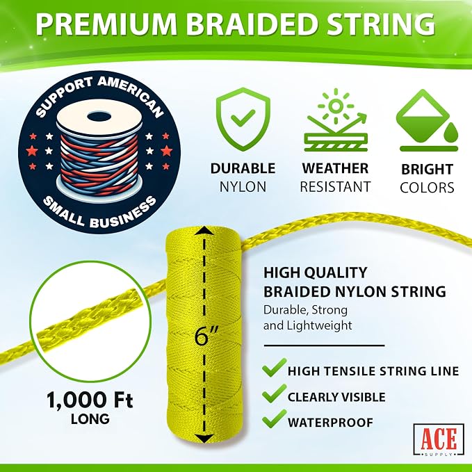 Yellow Mason Line String Line - #18 Braided Nylon String - 6,000 Ft Length - Nylon Twine for Gardening Or Masonry Tools - Perfect Construction String for A String Level, Twine String for Gardening