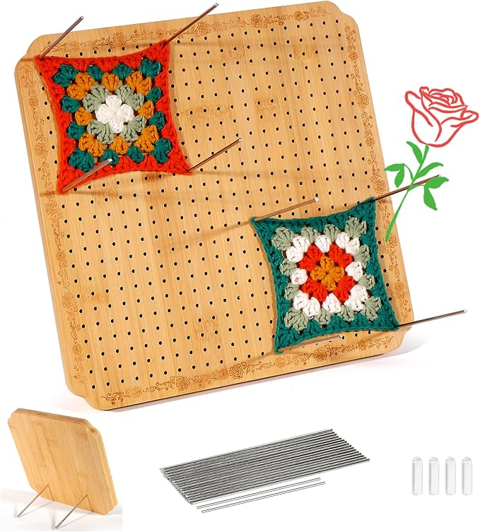 CraftyManor 12.5 in Blocking Boards for Crochet Projects with Rose Pattern, Crochet Blocking Board with Pegs, Granny Square Blocking Board with 20 Stainless Steel Pegs, Bamboo