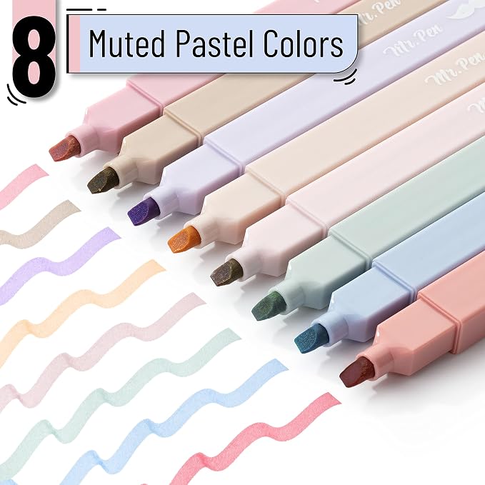 Mr. Pen- Aesthetic Highlighters No Bleed, 8 Pack, Muted Pastel Color | Chisel Tip, Cute Highlighters Assorted Colors for Journaling, Highlighting, Underlining, Fast Dry, Back to School Supplies