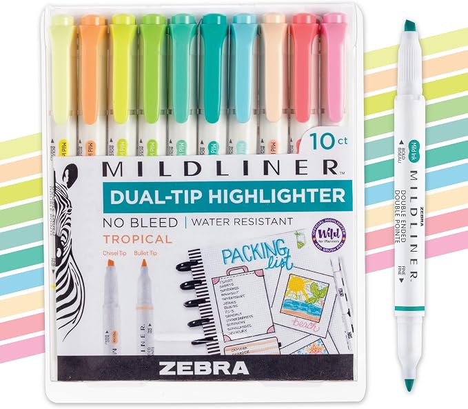 Zebra Pen MILDLINER Highlighter, Tropical Bisque Colors, Dual Tip, 10-Pack | No Bleed, Broad and Fine Point Tip, Ideal for Bible Highlighting, Journaling, School, Teacher and Office Supplies (78301)