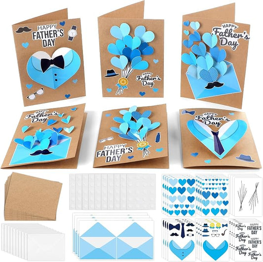 Yomjress 24 Sets Father's Day DIY Card Making Kit 3D Heart Tie Trophy Greeting Cards with Envelope Stickers Fathers Day DIY Card Crafts for Gifts Exchange Best Dad Daddy Papa Party Favors