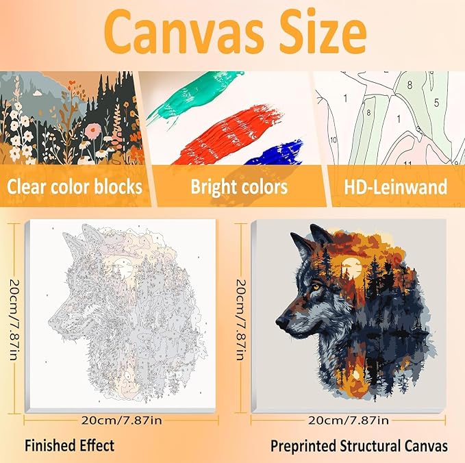 3 Pack Framed Paint by Numbers for Adult with Easel Wild Animals (8x8in) | Wolf Bear Eagle Paint by Number on Canvas Oil Painting Kit with Brushes, Easy Adults' Paint-by-Number Kits for Home Decor