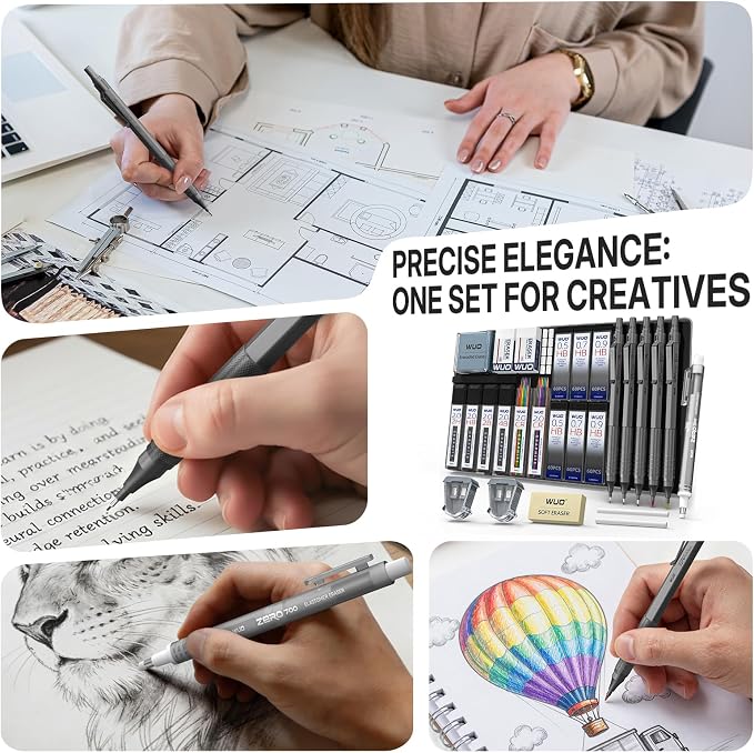 WUO Mechanical Pencil Set, 5 Pack Drafting Pencils 0.5/0.7/0.9/2.0/2.0mm