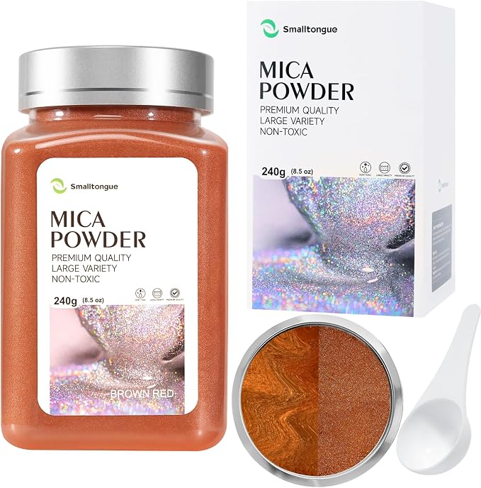 Mica Powder, Brown Red, 240g with Scoop, Complies with ASTM D-4236 | For Epoxy Resin, Soap, Bath Bomb, Candle| Safety Material| Odorless| Brilliant Colors