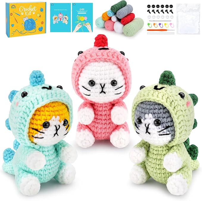 Fortuning's JDS Crochet Kit for Beginners, 3 PCS Dinosaur Cat Crochet Kits | w/ Step-by-Step Video Tutorials, Beginner Crochet Kit for Adults, Crochet Animal Kit for Starters, Dinosaur Cat Crochet Set