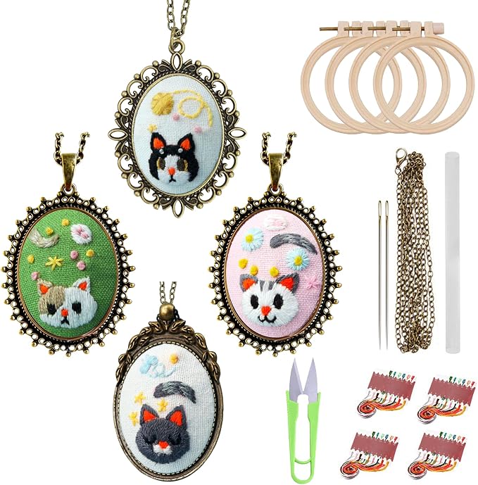 ZOCONE New 4 Packs Embroidery Necklace Kits, Embroidery Pendant Kit Mini Cross Stitch Kit with Hoop, Necklace, Pendant, Stamped Pattern Cloth, Instructions, etc., Embroidery Kits for Adults