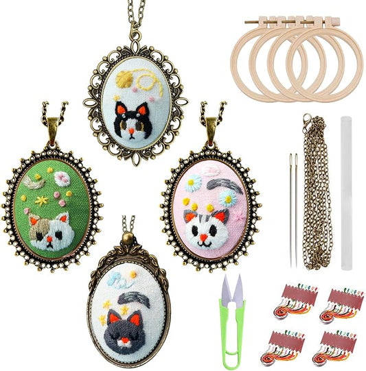 ZOCONE New 4 Packs Embroidery Necklace Kits, Embroidery Pendant Kit Mini Cross Stitch Kit with Hoop, Necklace, Pendant, Stamped Pattern Cloth, Instructions, etc., Embroidery Kits for Adults