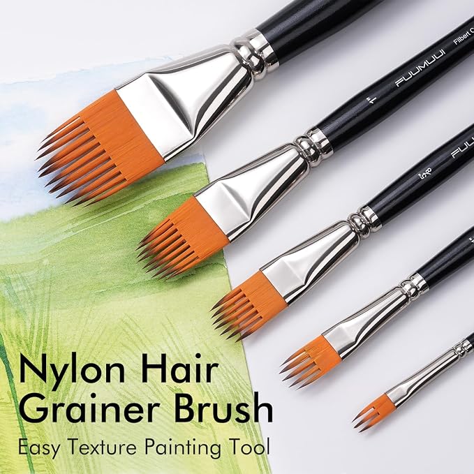Fuumuui 5-PC Grainer Brush Set for Wood Grain, Fur & Grass Textures Professional Filbert Paint Brush Comb for Acrylic, Watercolor, Oil Painting Artist & Beginner Friendly