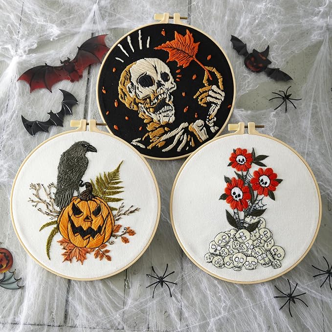 Gothic Halloween Embroidery Starter Kit for Beginners Adults, Stamped Cross Stitch Kit Needlepoint Kit for Beginner Adult, 3 Embroidery Hoop 3 Set Embroidery Supplies (Attached Teaching Video QR Code)