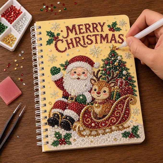 100 Pages DIY Christmas Pearl Diamond Art Painting Notebook，Style J