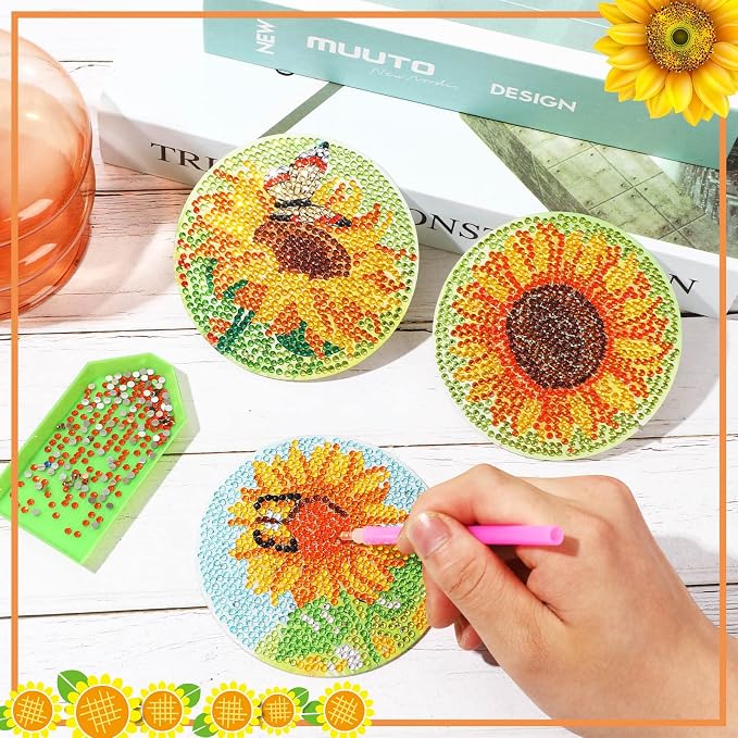 UPINS 8Pcs Sunflower Diamond Art Painting Coasters for Drinks | DIY Coaster Diamond Art Kits, for Adults Diamond Art Craft Supplies