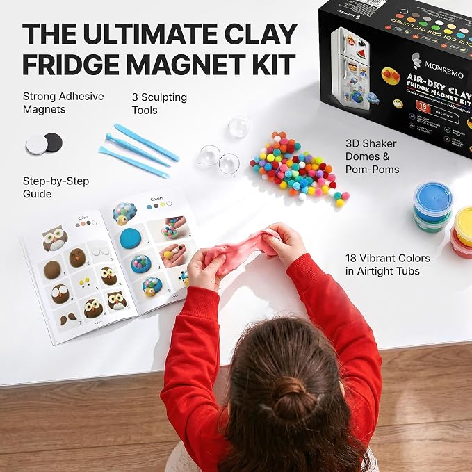 Air Dry Clay Magnet Making Kit for Kids, 18 Colors DIY Fridge Magnets | 18 colors, 8 self-adhesive magnets, 3 sculpting tools, shaker domes, no baking, no extra glue, visual guide, ages 6+