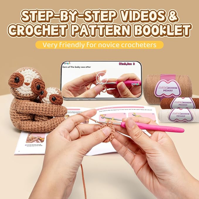 Mewaii Crochet Kit for Beginners, 2 Pack Sloth Craft Set | 40% Extra Yarn, Video Tutorial, Pre-Started Piece, Beginner Friendly, Family Craft Gift for Adults & Kids