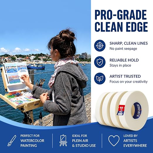 4 Packs Artist Tape for Watercolor Paper - 0.4inch, 592FT Long | White Masking Artists Tape for Drafting, Art Painting and All Paper Media - Acid Free