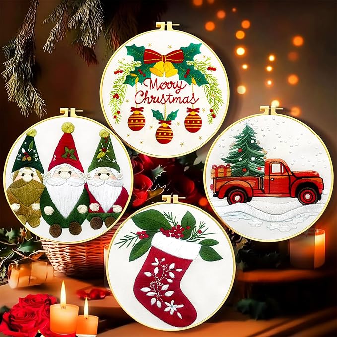Zhenqing Christmas Embroidery Kit for Beginners - 4 Piece 29x29cm Round Hoop Art with Pre-Printed Cotton Fabric, Embroidery Hoop, Threads & Tools (Merry Christmas, Stocking, Truck, Gnomes)