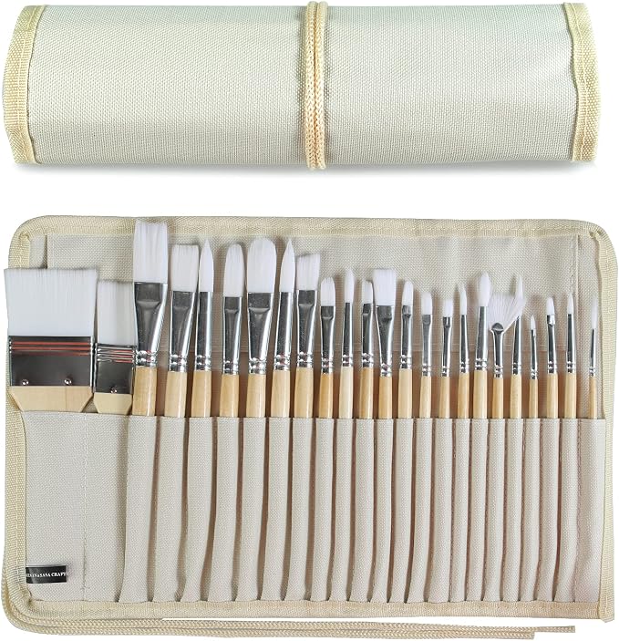 Paint Brushes Set of 24 Pieces with Canvas Brush Case | Wooden Handles, 24 Different Types of Brushes, Nylon Hair, Professional, Oil, Acrylic and Watercolor Painting