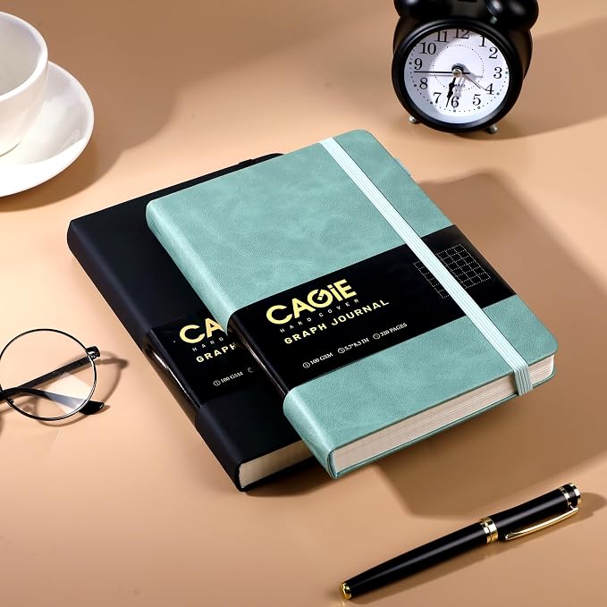 CAGIE Graph Paper Notebook- 320 Pages 100 GSM Graphing Grid Journal A5 Hardcover Leather Quad Ruled Notebooks for Engineering, Math, Work, Green