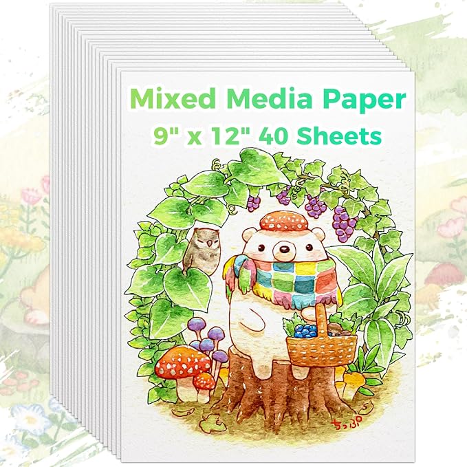 Mixed Media Paper 9" x 12",40 Sheets Multipurpose White Loose Drawing Paper | 98 lb/160 gsm Heavyweight Art Paper for Sketching, Sketch Book, Gouache, Painting, Sketchbook, Drawing Pad Book, School