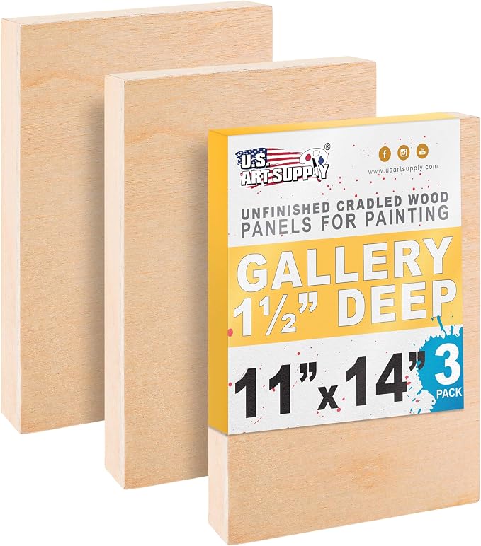 U.S. Art Supply 11" x 14" Unfinished Cradled Wood Panels for Painting