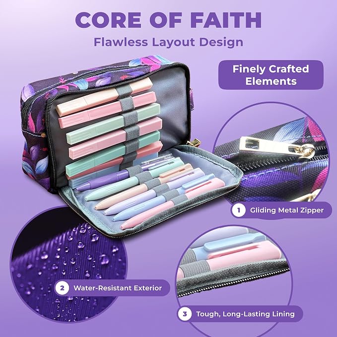 48 Pcs Bible Study Supplies for Women, Bible Journaling Kit Includes Bible Pencil Case, Tags, Pens, Highlighters, 4 Color Clear Sticky Notes, Notebook, 15 Clips, 4 Rolls of Washi Tape & More (Purple)