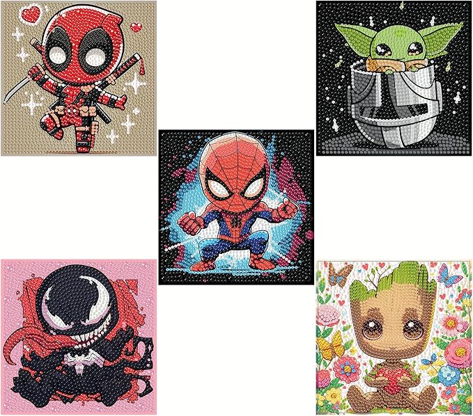 5 Pack Cartoon Diamond Art Kits for Kids, 5 Pack Small Diamond Art Painting | Arts and Crafts for Kids Ages 4-8-12, Cute Gem Arts for Kids Ages 4 8 12, DIY Crystal Gem Kits for Boys Gifts 6X6 Inch