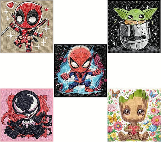 5 Pack Cartoon Diamond Art Kits for Kids, 5 Pack Small Diamond Art Painting | Arts and Crafts for Kids Ages 4-8-12, Cute Gem Arts for Kids Ages 4 8 12, DIY Crystal Gem Kits for Boys Gifts 6X6 Inch