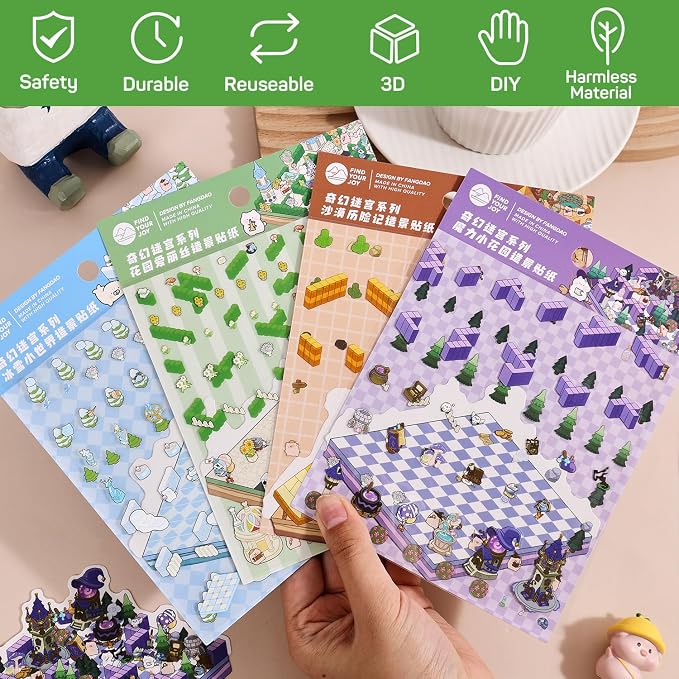 Girls 3D Miniature Scene Stickers,4 Sets Fantasy Maze DIY House Stickers for Alice's Garden, Magic Garden, Desert Adventure, Snow Maze, 3D Sticker Scenes for Adult Kids Relief Stress Pass The Time