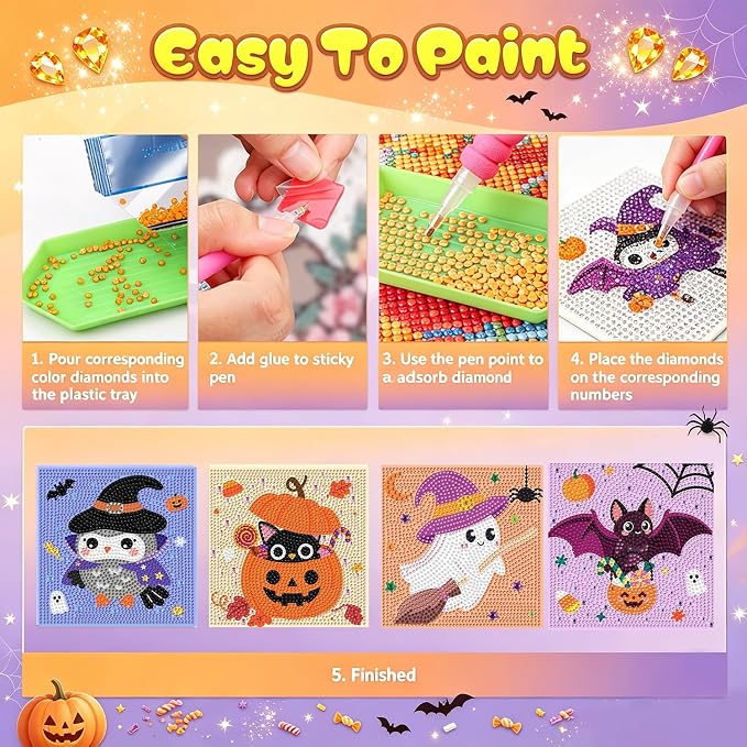 4 Pack Halloween Diamond Art Kits for Kids Ages 4-8-10-12 Gem Art for Kids | Halloween Diamond Painting Kits for Kids, Kids Diamond Art Small, Gem Painting Kit for Boys Girls,for Gift and Decor 6x6 Inch