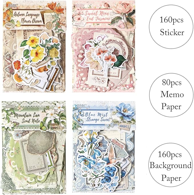 400Pcs Vintage Scrapbook Paper Floral Scrapbook Supplies Junk Journal Stickers Journaling Supplies for Bullet Journaling, Retro Crafts, Planner, Collage Card Album