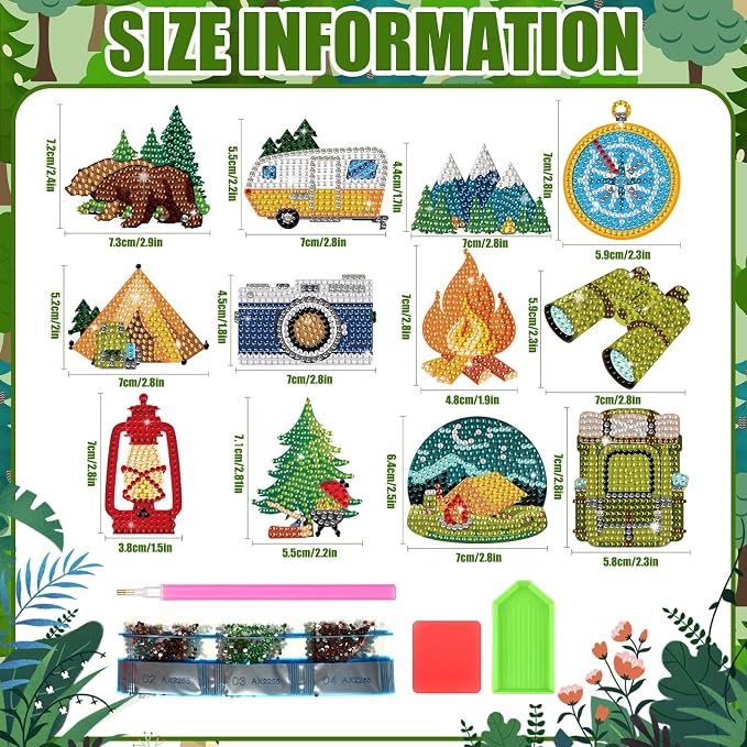 Zonon 12 Pcs Camping Diamond Art Magnets Kits for Fridge DIY Stickers | Outdoor Theme Designs, Diamond Magnetic Backing for Refrigerator and Camper Decor,Easy Craft for Adults,