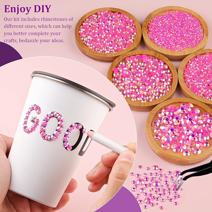 Resin Jelly Rhinestones for Crafting with B7000 Jewelry Glue, 1 Box Hot Pink AB Flatback Crystal with 3Pcs 10ml Glue, Bedazzling Non Hotfix Gems for DIY Tumblers Clothing Shoes Manicure