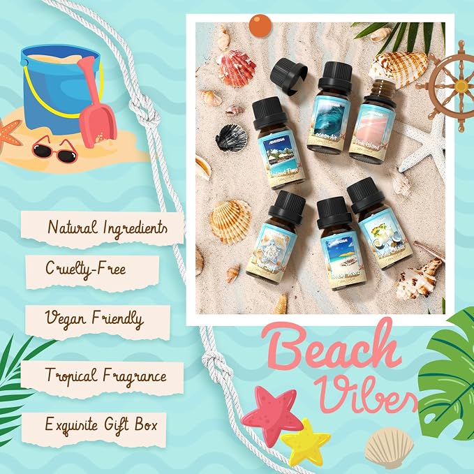 ARVIDSSON Beach Fragrance Oils Set, Summer Essential Oils for Diffuser - Beachy Breeze, Ocean Air, Pina Colada, Pink Sand, Sea Salt, Island Time, Tropical Scented Oil for Home, Candle Making