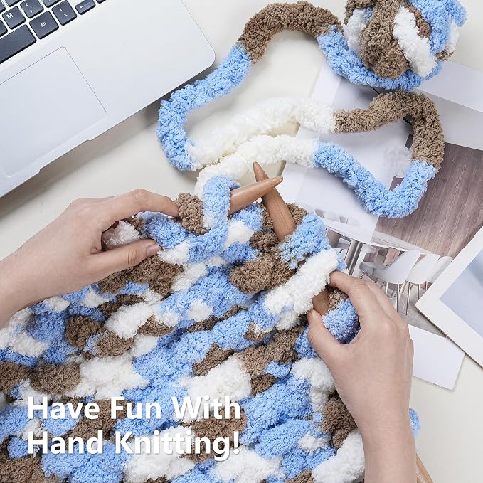 Cozyful Chunky Yarn for Hand Knitting - #10 Chunky Chenille Blanket Yarn, Jumbo Big Thick Chunky Yarns for Crocheting, Tie Dye Bulky Knit Yarns, 8 Skein (20 yds 8 oz Each Skein), Khaki & Blue & White
