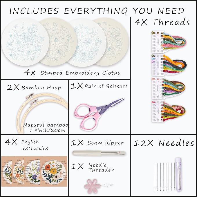 Bonroy Embroidery Kit for Beginners with Instructions,Cross Stitch Kits for Adults with Pattern,Needlepoint Kits for Adult Include Embroidery Cloth Hoops Needles Threads (flowers2)