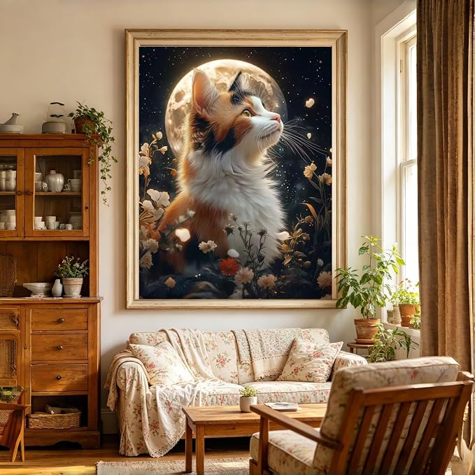 Moon Cat 5D Diamond Painting Kit, Wildflower Diamond Art for Adults | Full Round DrillDiamond Dots Kits Gem Arts DIY Crafts for Home Wall Deco Present Cat Lovers12x16inch