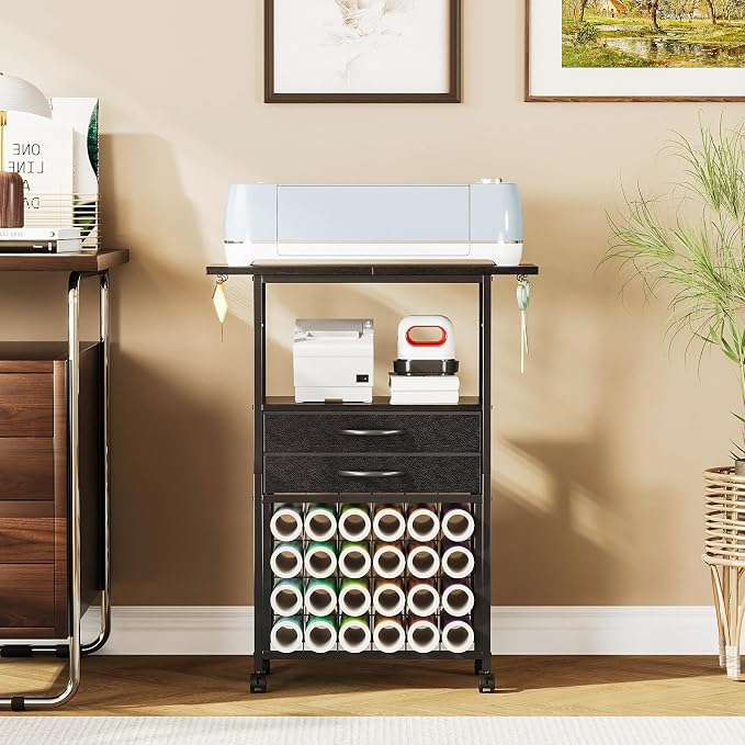 VENNQD Organizer and Storage Stand Compatible with Cricut Machines, Rolling Storage Cart/Shelf with 24 Vinyl Roll Holders, 2 Fabric Drawer, Accessories Holder, Tool Hook for Craft Room Home (Black)
